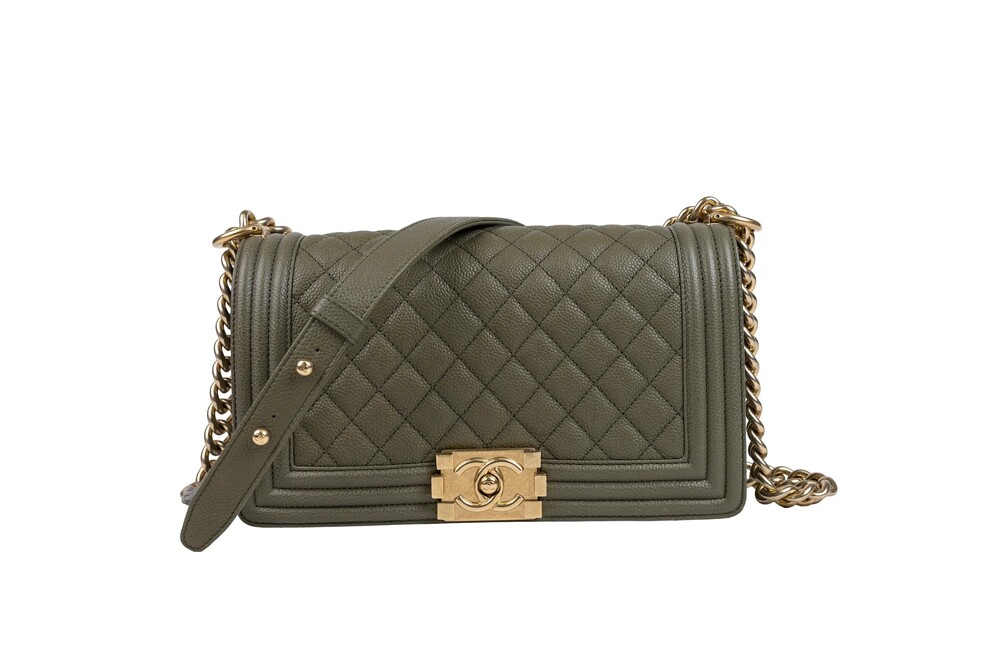 Chanel Olive Green Boy Bag Quilted Caviar Leather Gold Hardware Size Medium